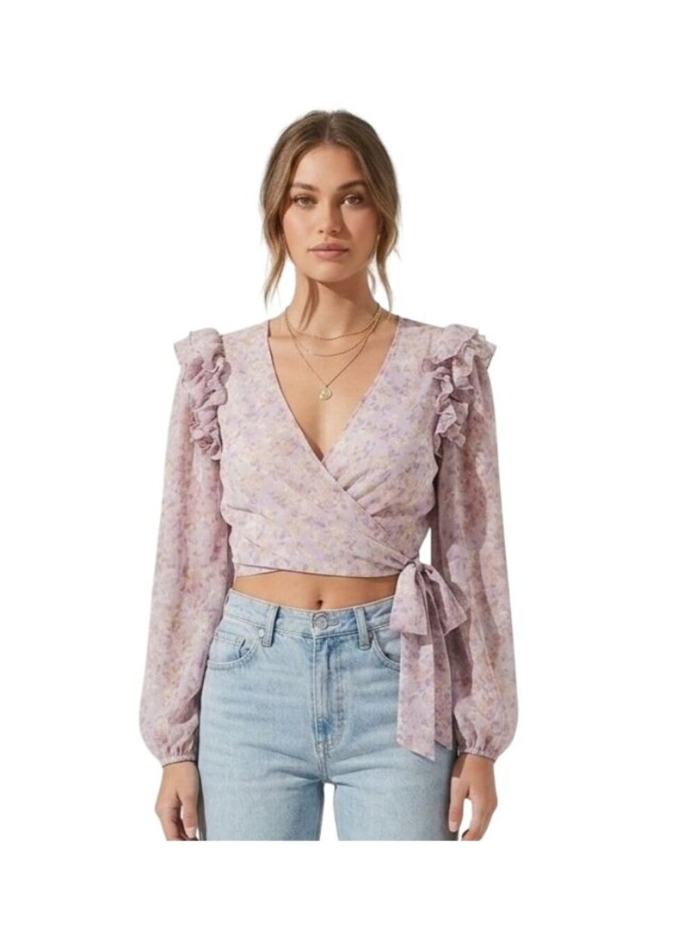 VICI Floral Wrap Blouse Medium Tie Front Ruffle Shoulder Long Sleeve Watercolor
